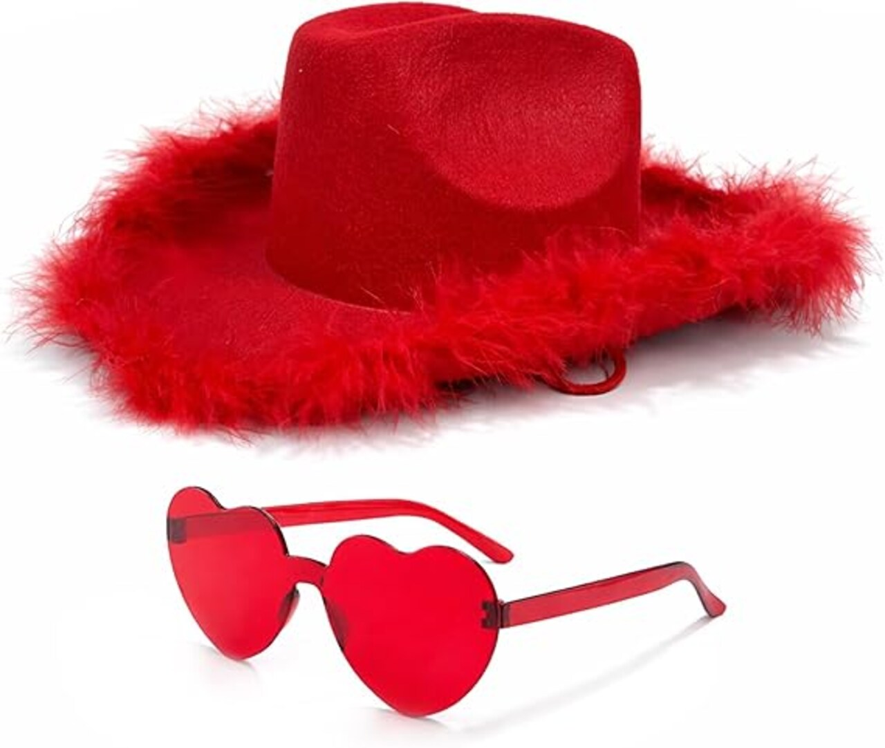 4E’s Novelty Red Cowboy Hat for Women & Heart Sunglasses – Felt Cowgirl Hats Women with Feathers